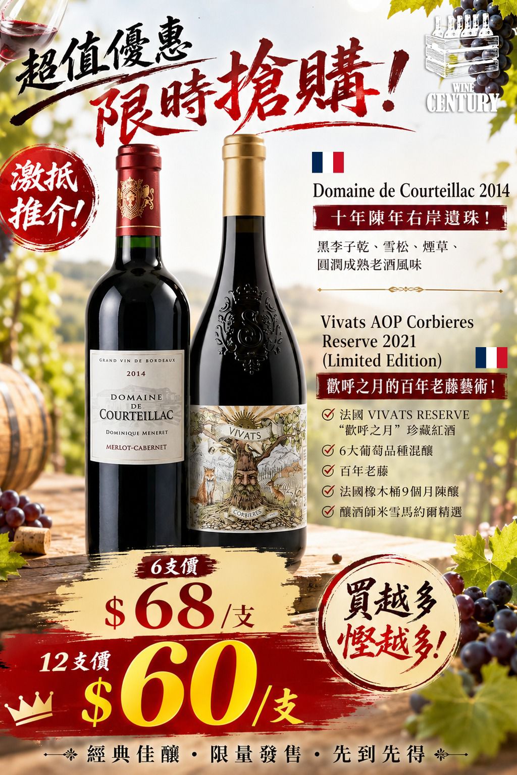 【🔥 法國經典佳釀限時搶購！🍷】 【✨買12支（震撼價 $60/支）市場性價比！】